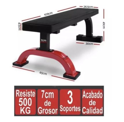 Banca plana profesional, resistente y versátil, ideal para ejercicios de fuerza en casa o gimnasio. Características detalladas: Material: Acero reforzado con asiento de espuma de alta densidad recubierto en cuero sintético Diseño: Estilo importado con logo estampado de Real Fitness Perú Color: Negro con detalles en rojo Uso: Perfecta para press de banca, ejercicios con mancuernas y entrenamientos generales de fuerza. Ventajas: Estructura robusta y antideslizante para máxima seguridad. Nota: Producto diseñado para un rendimiento profesional y durabilidad.