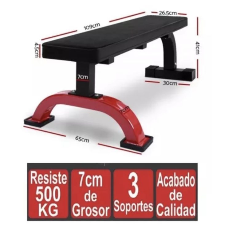 Banca plana profesional, resistente y versátil, ideal para ejercicios de fuerza en casa o gimnasio. Características detalladas: Material: Acero reforzado con asiento de espuma de alta densidad recubierto en cuero sintético Diseño: Estilo importado con logo estampado de Real Fitness Perú Color: Negro con detalles en rojo Uso: Perfecta para press de banca, ejercicios con mancuernas y entrenamientos generales de fuerza. Ventajas: Estructura robusta y antideslizante para máxima seguridad. Nota: Producto diseñado para un rendimiento profesional y durabilidad.